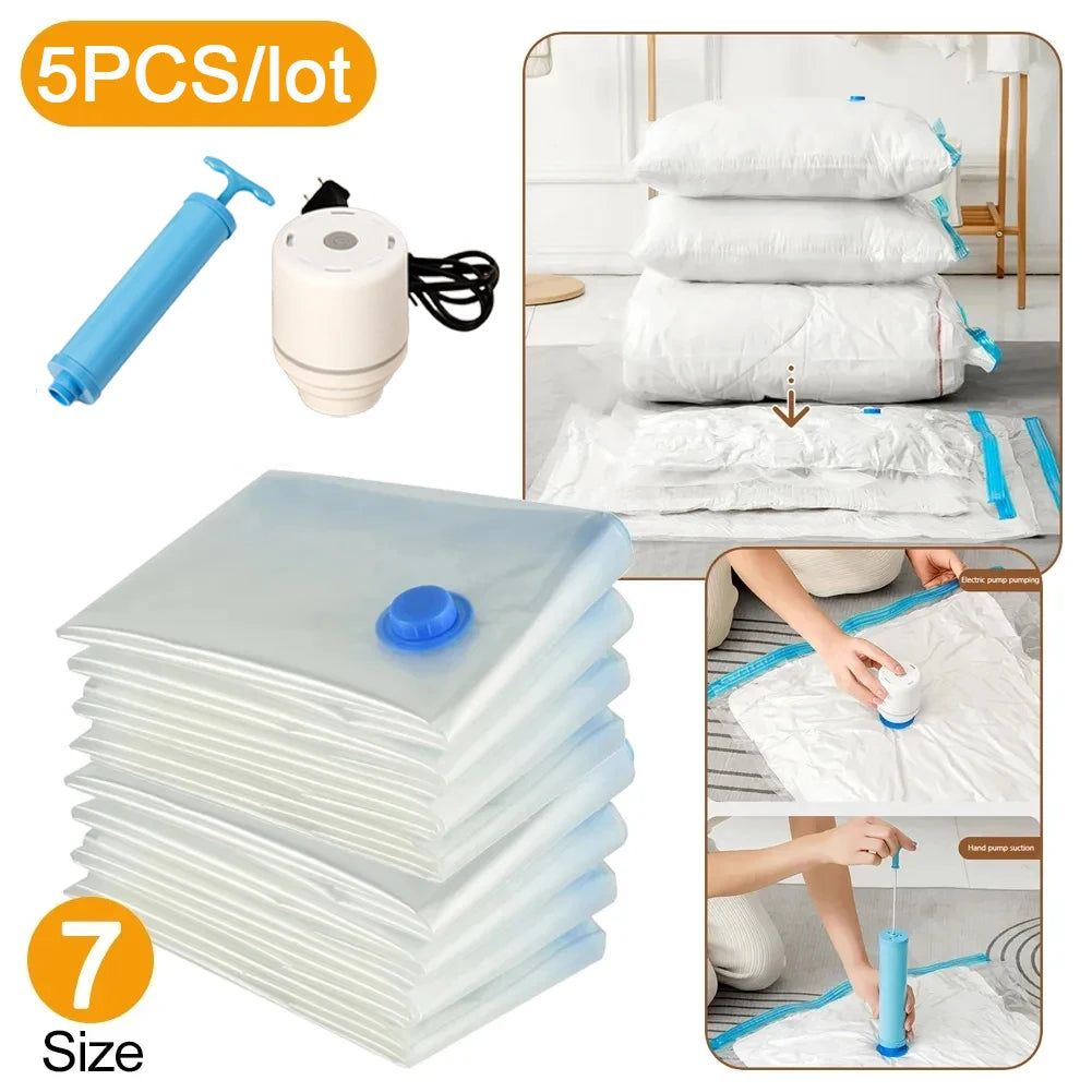 5Pcs Vacuum Storage Bags Vacuum Seal Bag Space Saving Bags Comforters Clothes Pillow Bedding Blanket Travel Vacuum Bag Storage